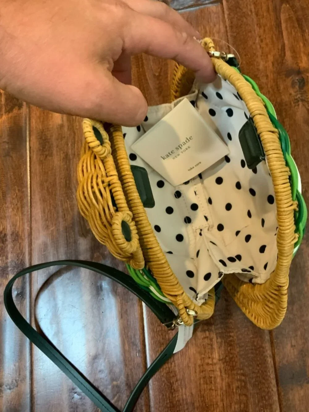 Kate Spade New York Green White Striped Hopkins Frog Wicker Bag NWT!